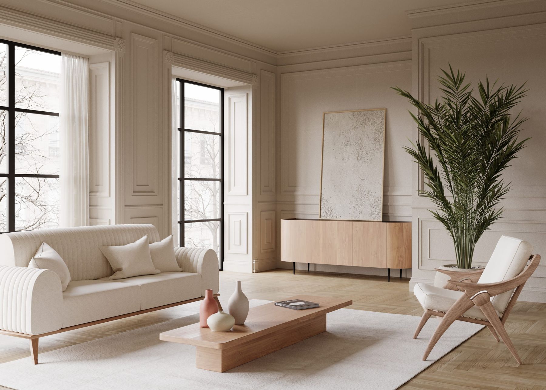 Render fotorealistico di living con boiserie
